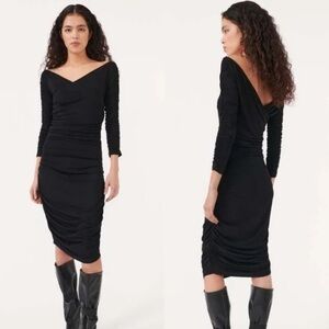 Vintage Westonwear Black Draped V Neck Nylon Mid Dress size Small Women 90s